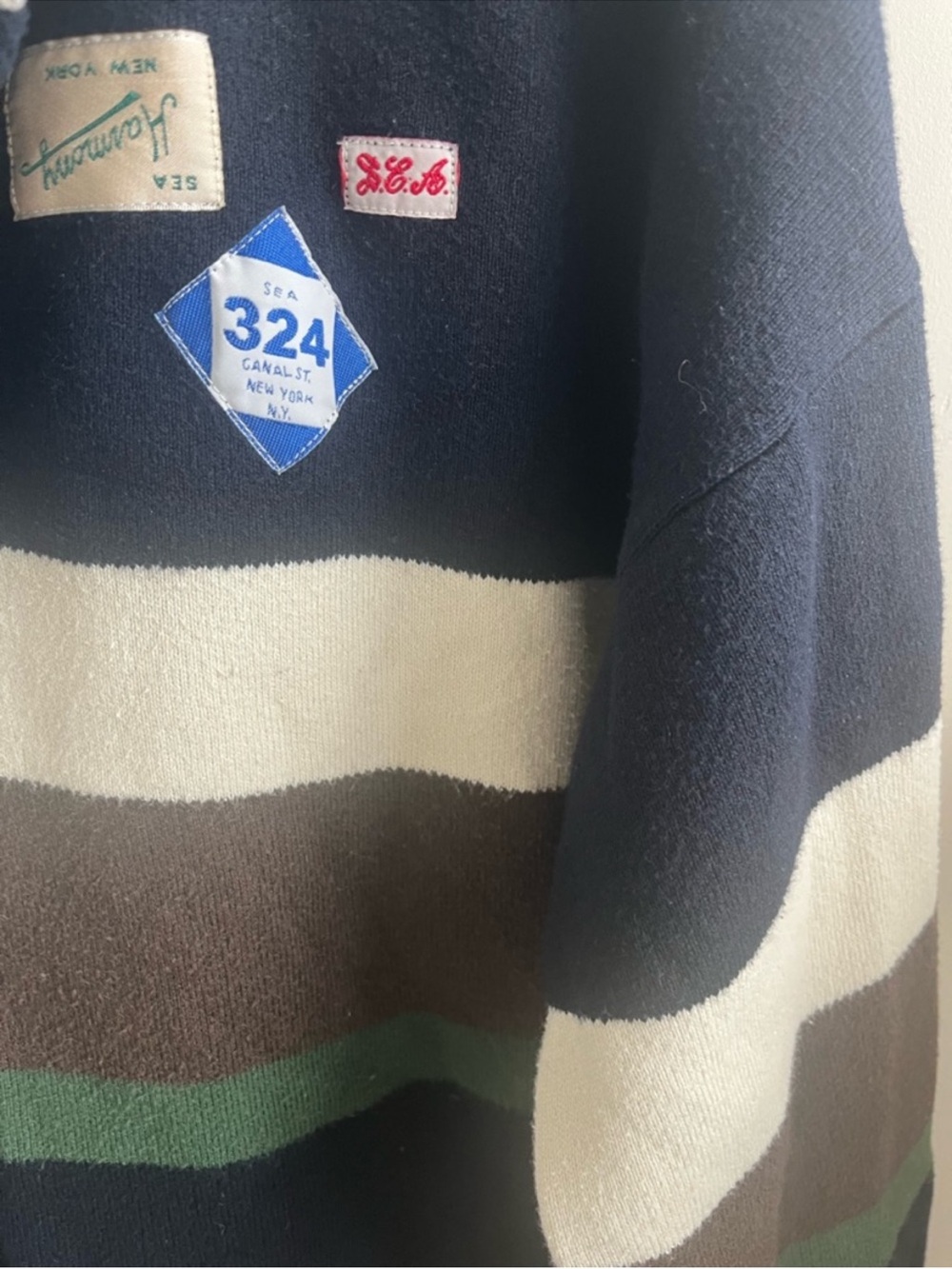 Sea New York Navy, White, Brown & Green Striped Rugby Sweatshirt - Picture 9 of 16